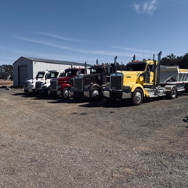 Several trucks lined up in a gravel yard